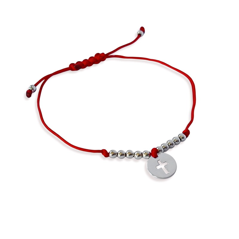 PULSERA CÍRCULO CRUZ BOLITA PLATA FINA 925 CORDÓN EN COLOR ROJO - 2