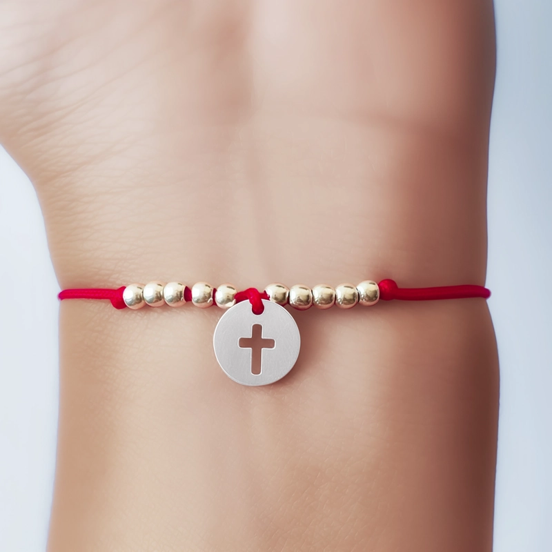 PULSERA CÍRCULO CRUZ BOLITA PLATA FINA 925 CORDÓN EN COLOR ROJO - 3