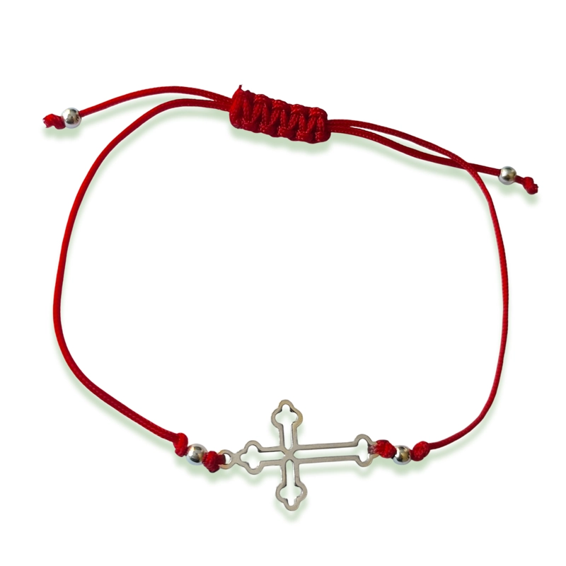 PULSERA CRUZ GÓTICA BOLITA PLATA FINA 925 CORDÓN EN COLOR ROJO - 1