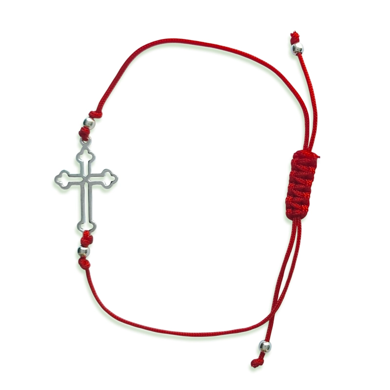 PULSERA CRUZ GÓTICA BOLITA PLATA FINA 925 CORDÓN EN COLOR ROJO - 2