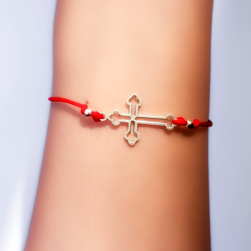 PULSERA CRUZ GÓTICA BOLITA PLATA FINA 925 CORDÓN EN COLOR ROJO - 3