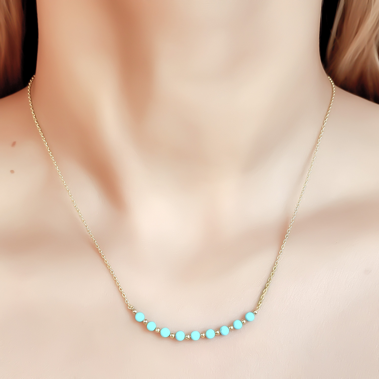 COLLAR TURQUESA FACETADO 3MM CADENA ENCHAPADO ORO 18K - 3