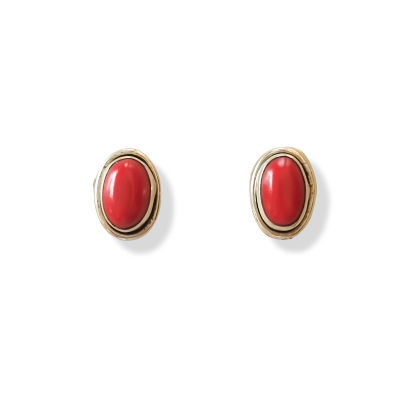 AROS BOTON OVALO CORAL PLATA FINA 925 - 1