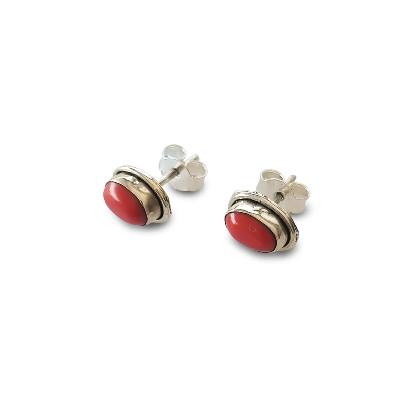 AROS BOTON OVALO CORAL PLATA FINA 925 - 2