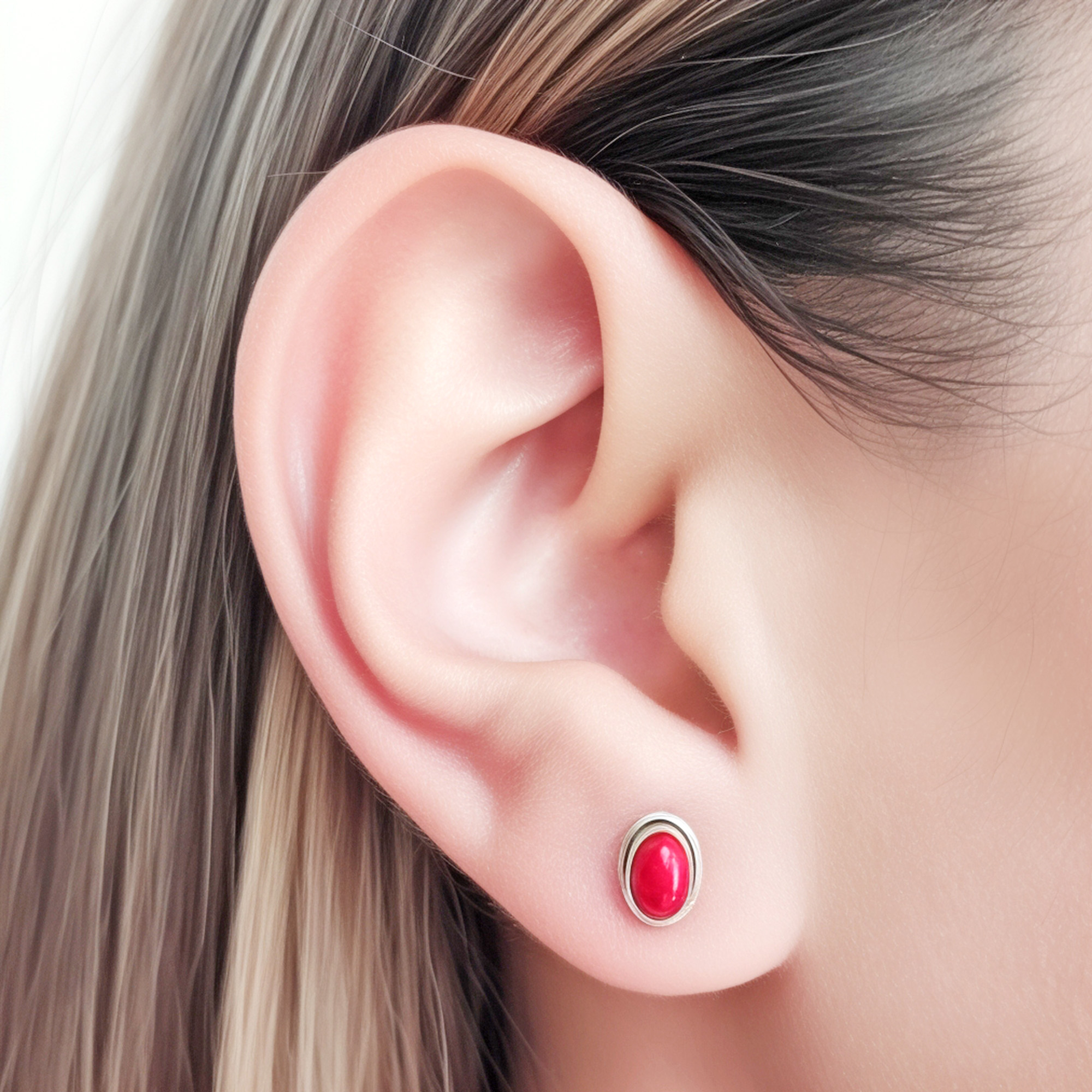 AROS BOTON OVALO CORAL PLATA FINA 925 - 3