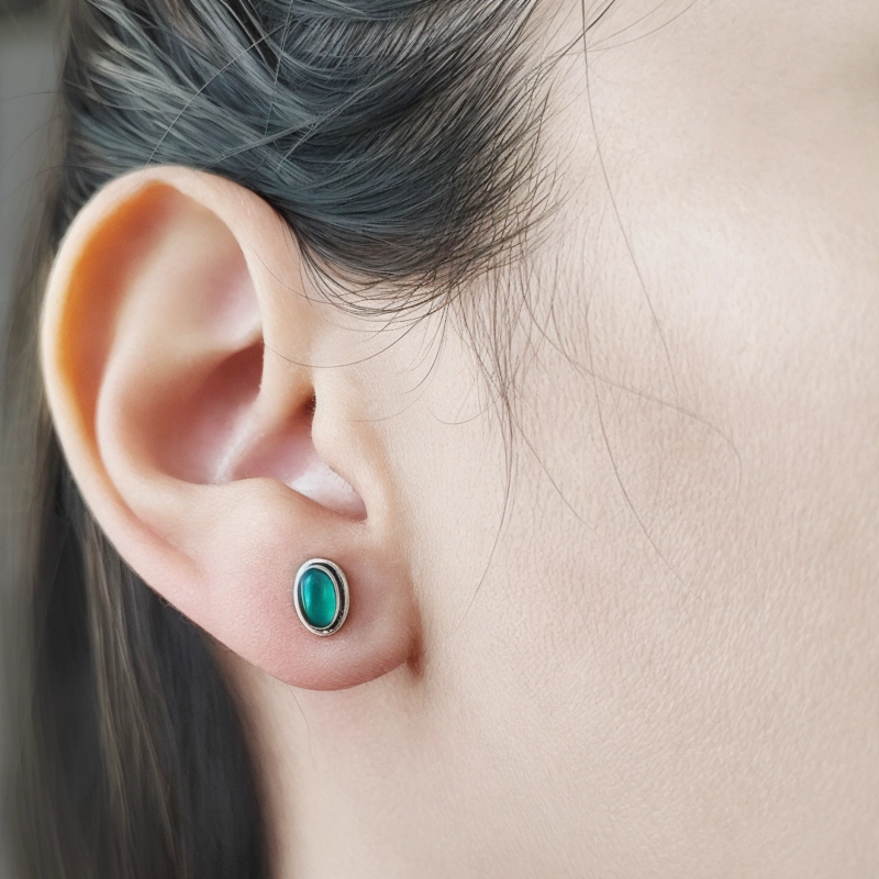 AROS BOTON OVALO ONIX VERDE PLATA FINA 925 - 3