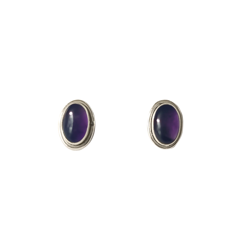 AROS BOTON OVALO AMATISTA PLATA FINA 925 - 1