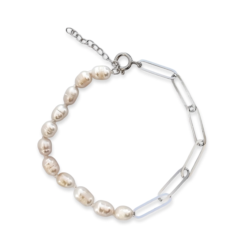 PULSERA ESLABON ALARGADO PERLA PLATA FINA 925 - 1