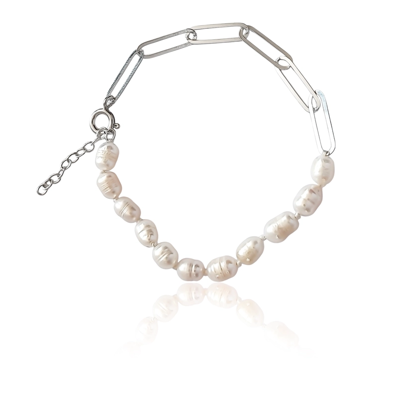 PULSERA ESLABON ALARGADO PERLA PLATA FINA 925 - 2