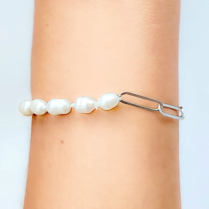 PULSERA ESLABON ALARGADO PERLA PLATA FINA 925 - 3