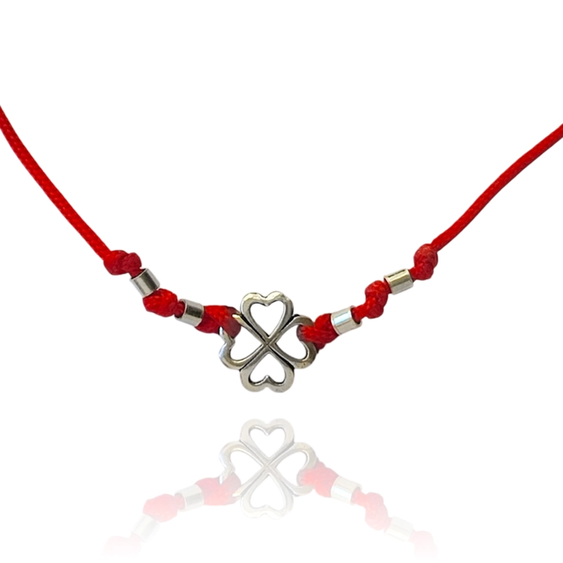 PULSERA TRÉBOL MOSTACILLA PLATA FINA 925 CORDÓN EN COLOR ROJO - 2