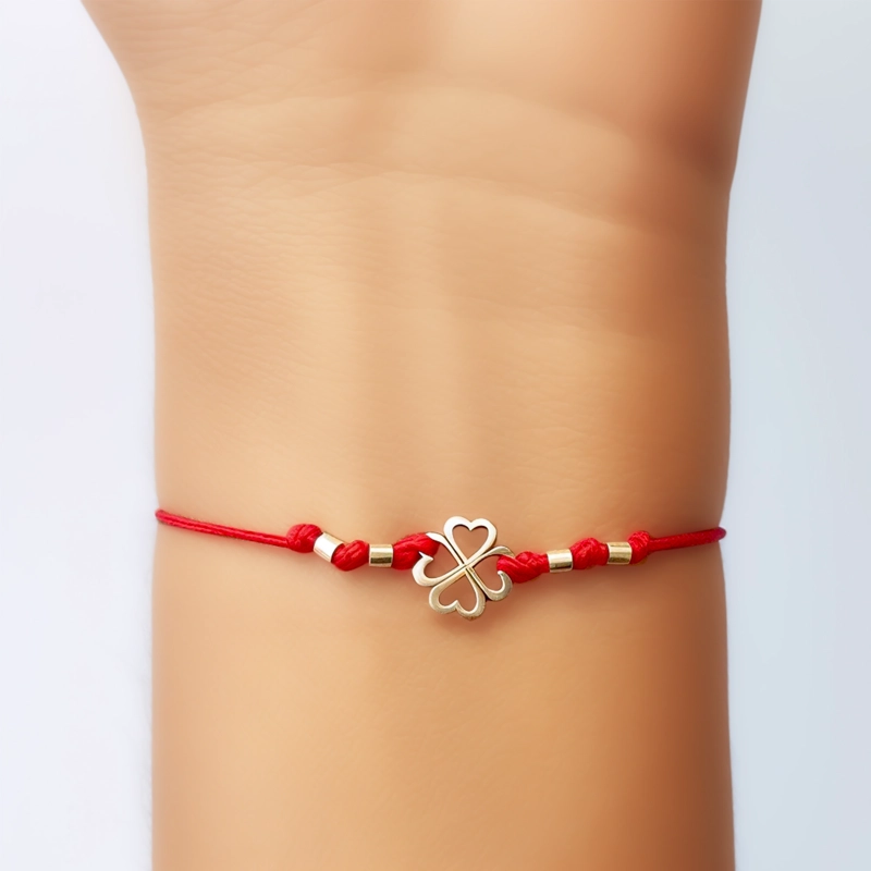 PULSERA TRÉBOL MOSTACILLA PLATA FINA 925 CORDÓN EN COLOR ROJO - 3