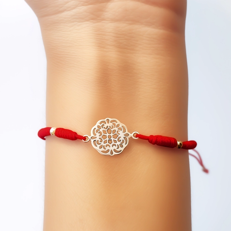 PULSERA MANDALA PLATA FINA 925 CORDÓN EN COLOR ROJO - 3