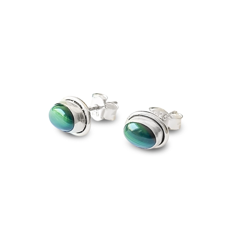 AROS BOTON OVALO MALAQUITA PLATA FINA 925 - 2