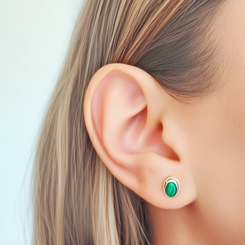 AROS BOTON OVALO MALAQUITA PLATA FINA 925 - 3