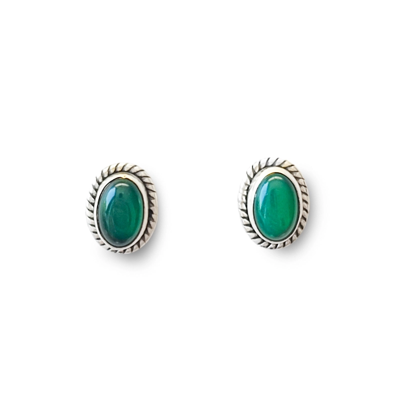 AROS BOTON OVALO TRENZADO ONIX VERDE PLATA FINA 925 - 1