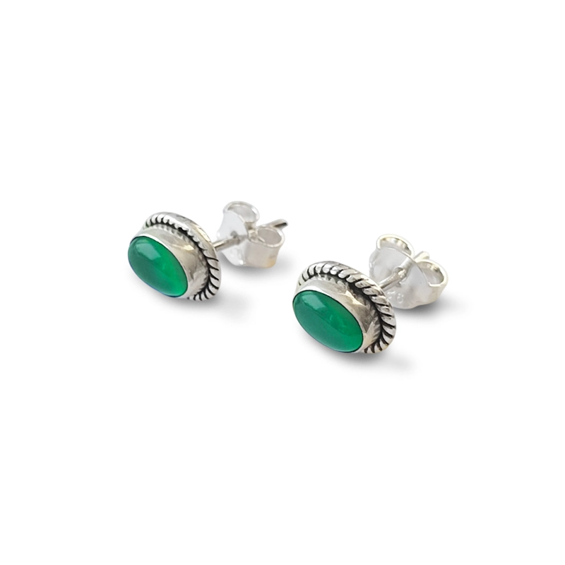 AROS BOTON OVALO TRENZADO ONIX VERDE PLATA FINA 925 - 2