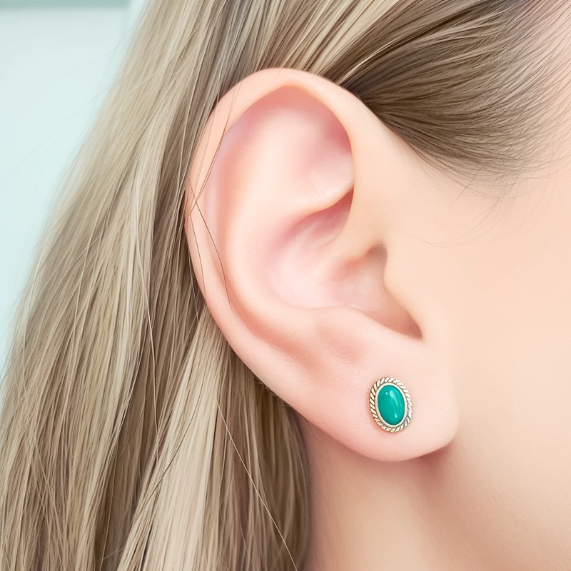 AROS BOTON OVALO TRENZADO ONIX VERDE PLATA FINA 925 - 3