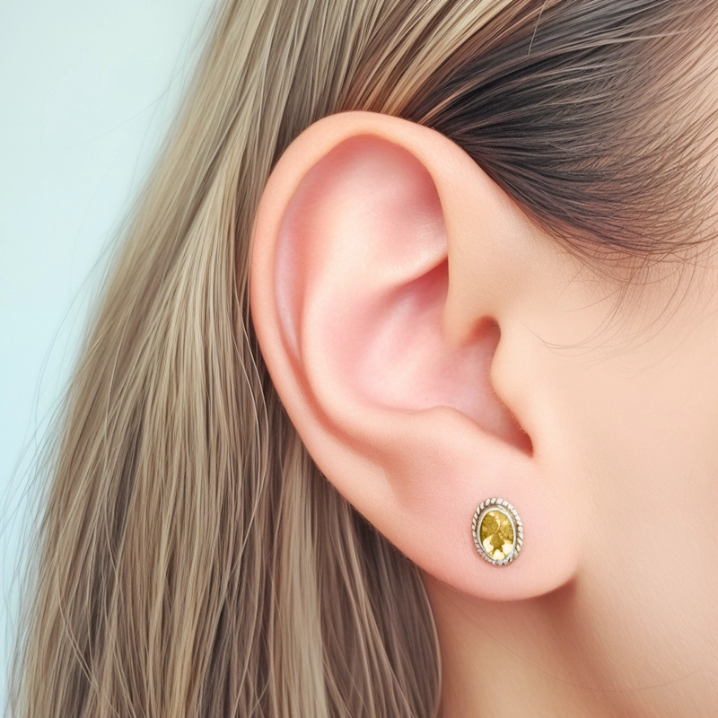 AROS BOTÓN ÓVALO TRENZADO TOPACIO EN COLOR AMARILLO PLATA FINA 925 - 3