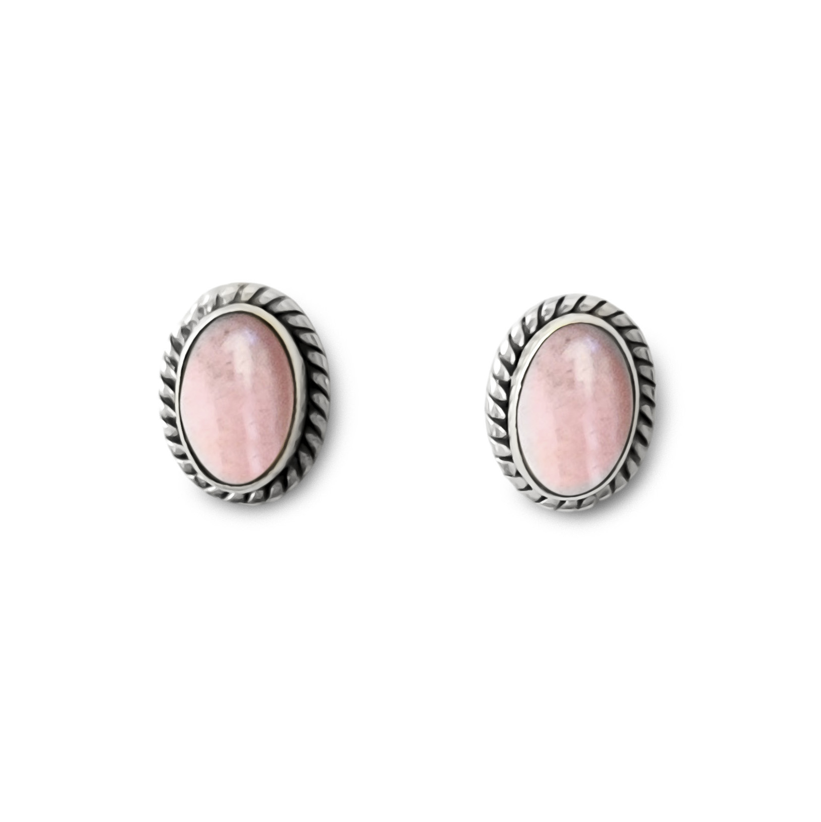 AROS BOTON OVALO TRENZADO CUARZO ROSA PLATA FINA 925 - 1