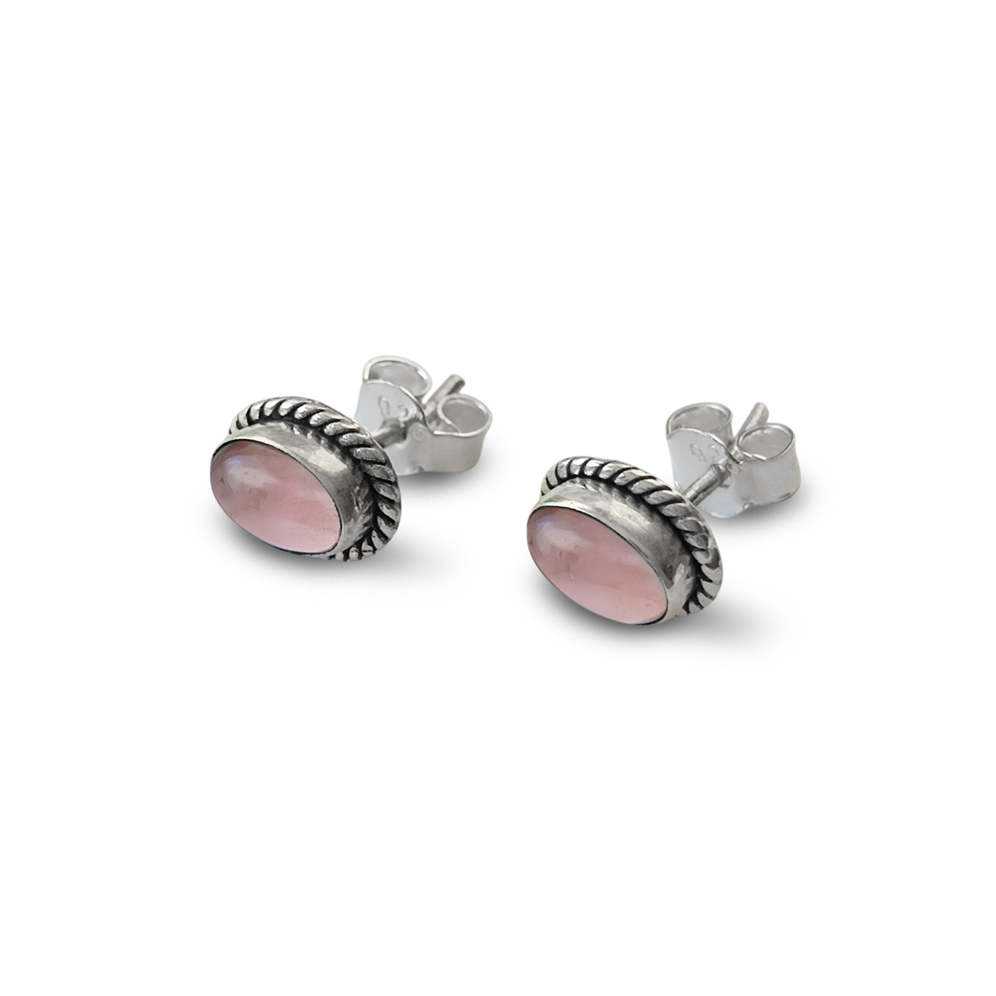 AROS BOTON OVALO TRENZADO CUARZO ROSA PLATA FINA 925 - 2