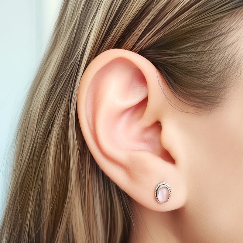 AROS BOTON OVALO TRENZADO CUARZO ROSA PLATA FINA 925 - 3