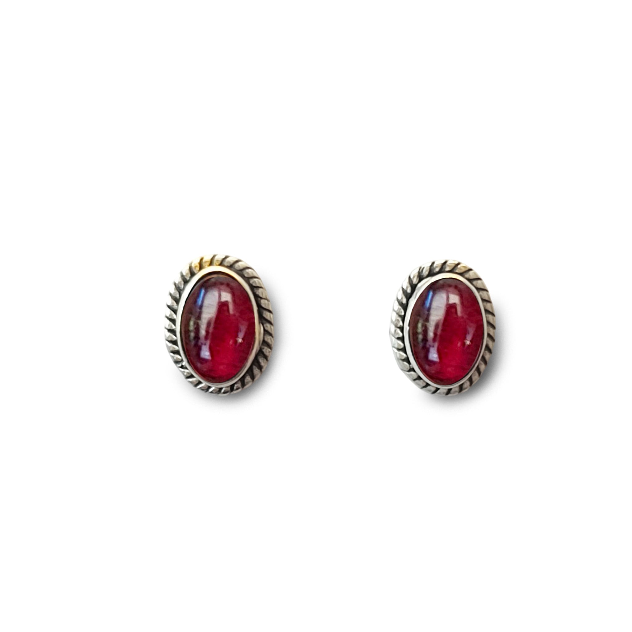 AROS BOTON OVALO TRENZADO GRANATE PLATA FINA 925 - 1