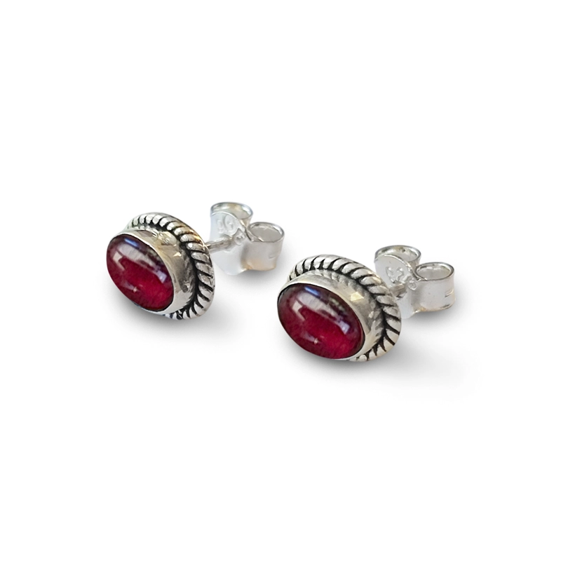AROS BOTON OVALO TRENZADO GRANATE PLATA FINA 925 - 2