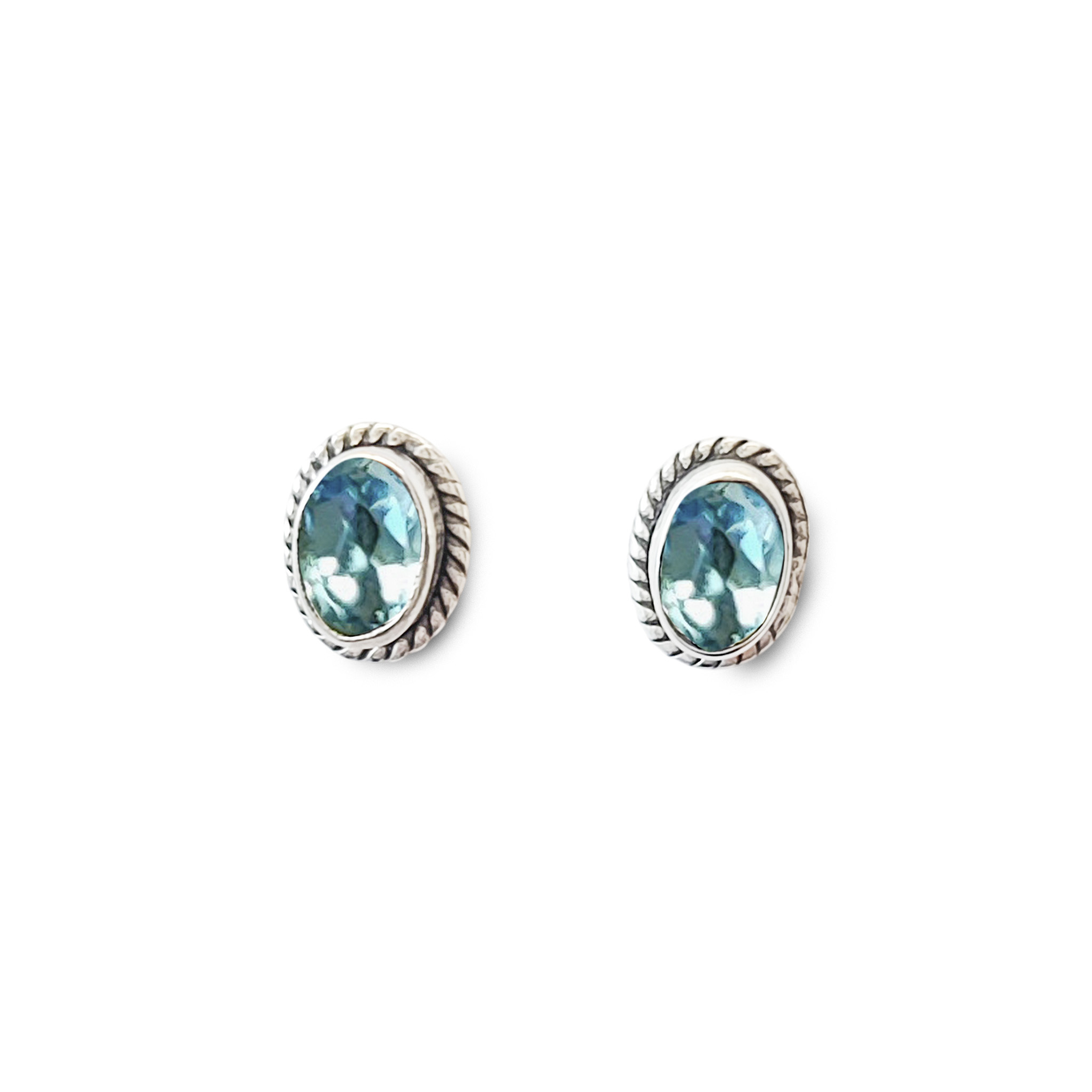 AROS BOTON OVALO TRENZADO TOPACIO CELESTE PLATA FINA 925 - 1