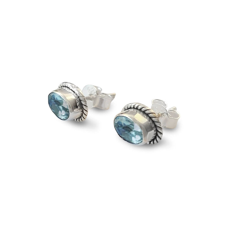 AROS BOTON OVALO TRENZADO TOPACIO CELESTE PLATA FINA 925 - 2