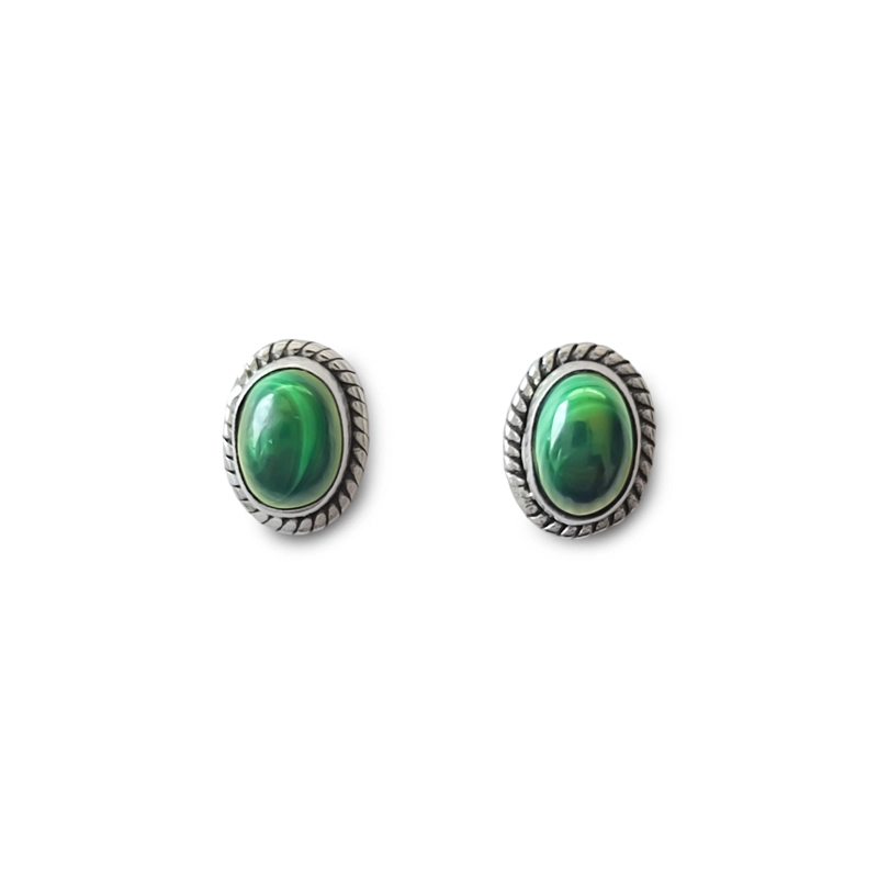 AROS BOTON OVALO TRENZADO MALAQUITA PLATA FINA 925 - 1