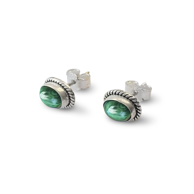 AROS BOTON OVALO TRENZADO MALAQUITA PLATA FINA 925 - 2