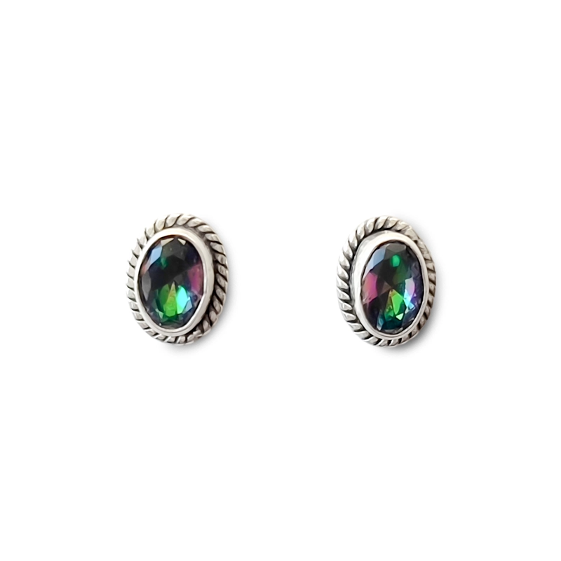 AROS BOTON OVALO TRENZADO TOPACIO MISTICO PLATA FINA 925 - 1