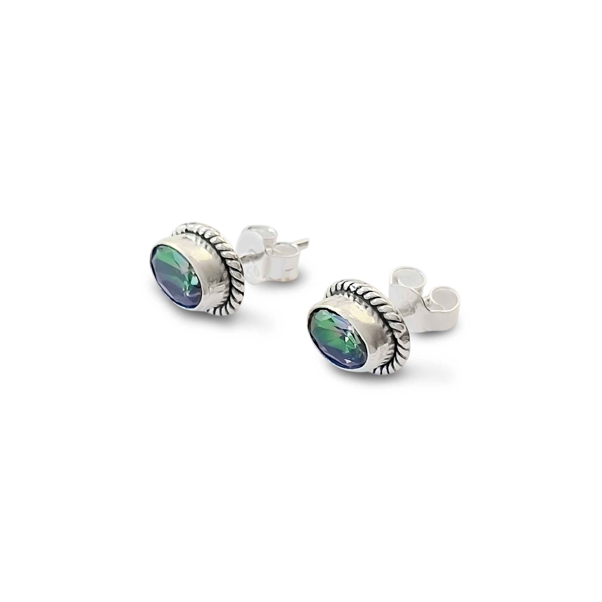 AROS BOTON OVALO TRENZADO TOPACIO MISTICO PLATA FINA 925 - 2