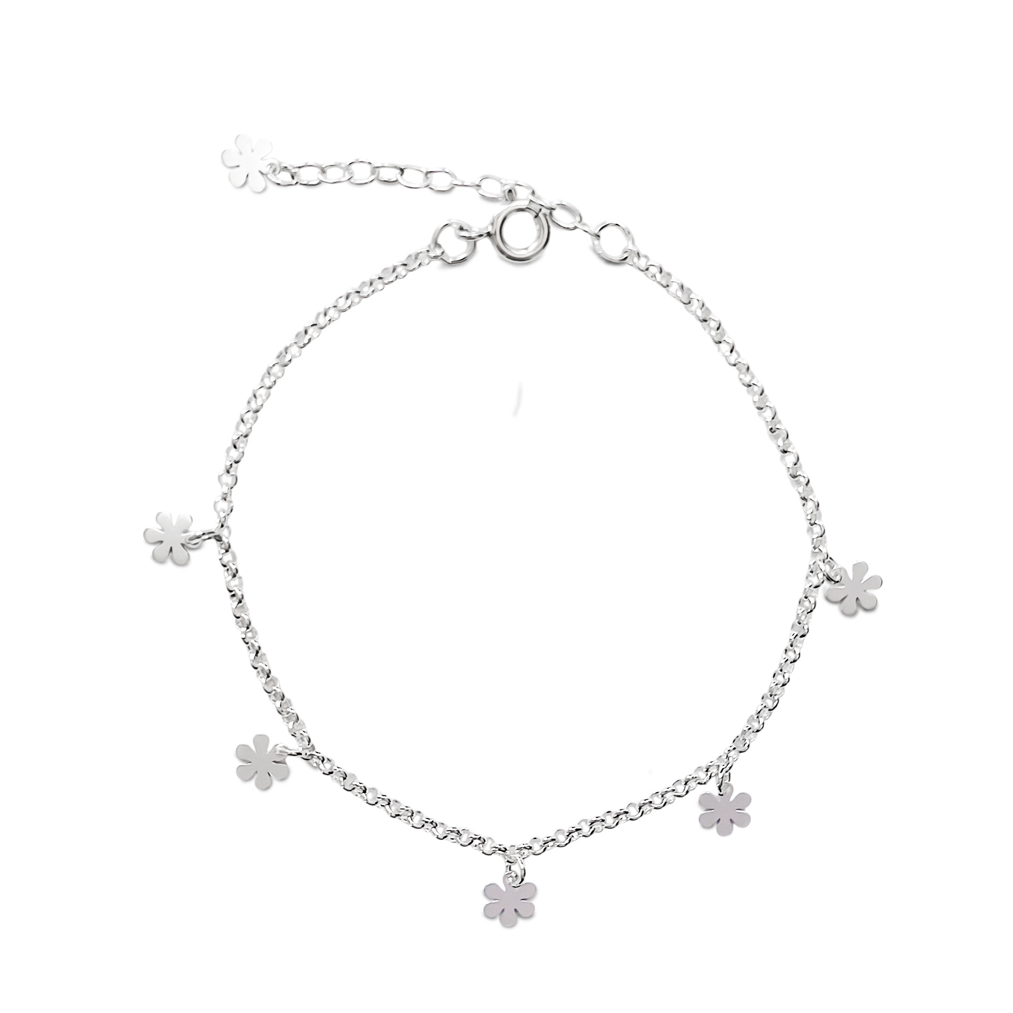 PULSERA 5 FLORES CADENA ROLO PLATA FINA 925 - 1