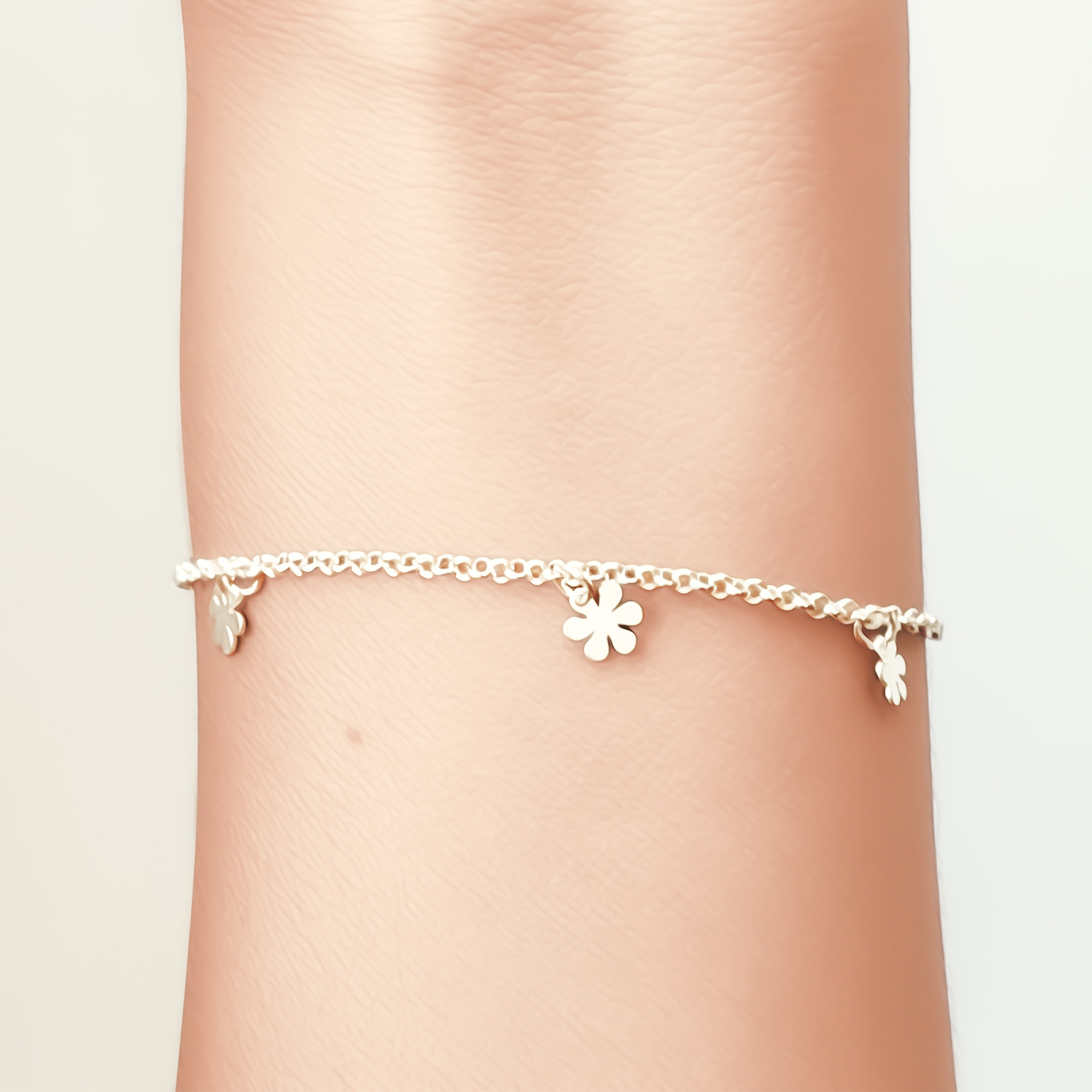 PULSERA 5 FLORES CADENA ROLO PLATA FINA 925 - 3