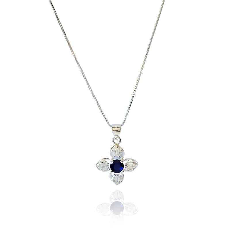 COLLAR TRÉBOL CIRCÓN AZUL EN COLOR BLANCO PLATA FINA 925 - 1
