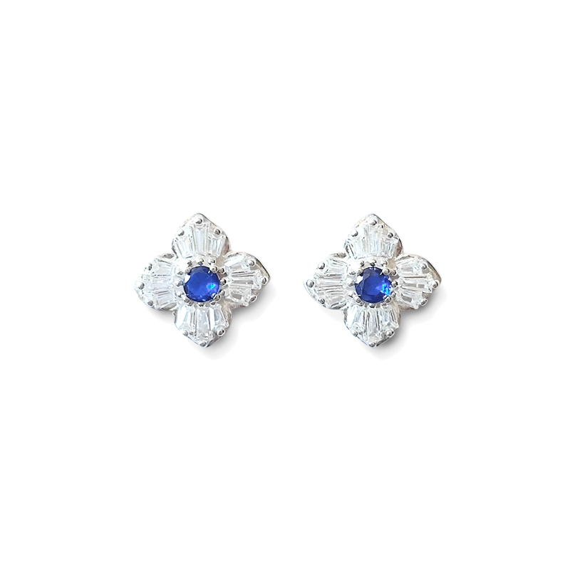 AROS TRÉBOL CIRCÓN AZUL EN COLOR BLANCO PLATA FINA 925 - 1