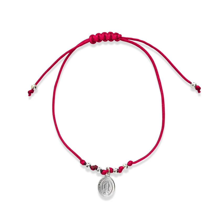 PULSERA MEDALLA VIRGEN DE GUADALUPE PLATA FINA 925 CORDÓN EN COLOR ROJO - 1