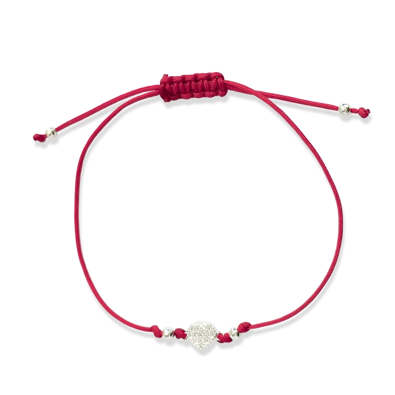 PULSERA CORAZÓN CIRCÓN EN COLOR BLANCO BOLITAS PLATA FINA 925 CORDÓN EN COLOR ROJO - 1