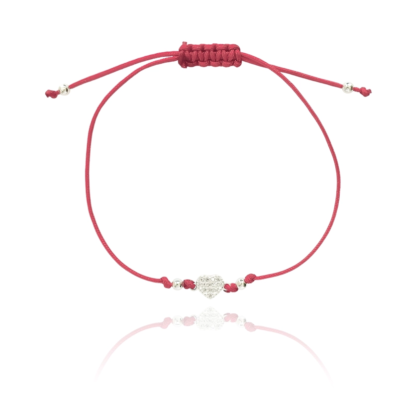 PULSERA CORAZÓN CIRCÓN EN COLOR BLANCO BOLITAS PLATA FINA 925 CORDÓN EN COLOR ROJO - 2