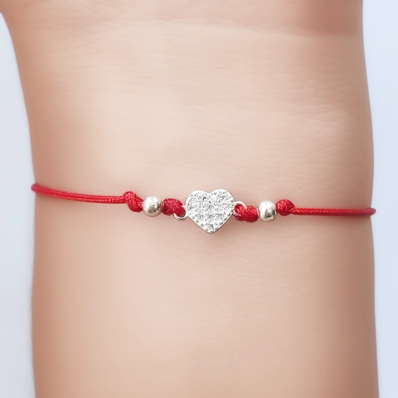PULSERA CORAZÓN CIRCÓN EN COLOR BLANCO BOLITAS PLATA FINA 925 CORDÓN EN COLOR ROJO - 3