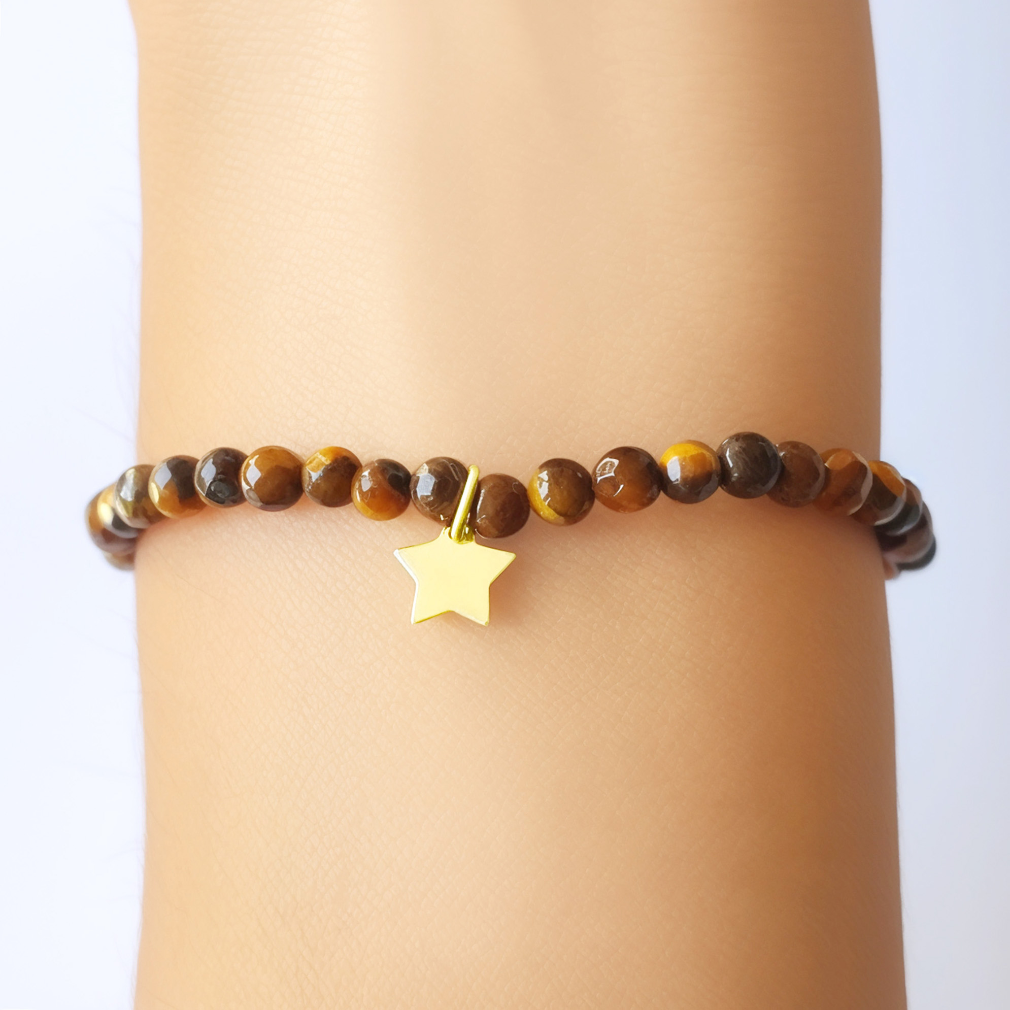 PULSERA OJO DE TIGRE 4MM ESTRELLA ENCHAPADO ORO 18K ELASTICADA - 3