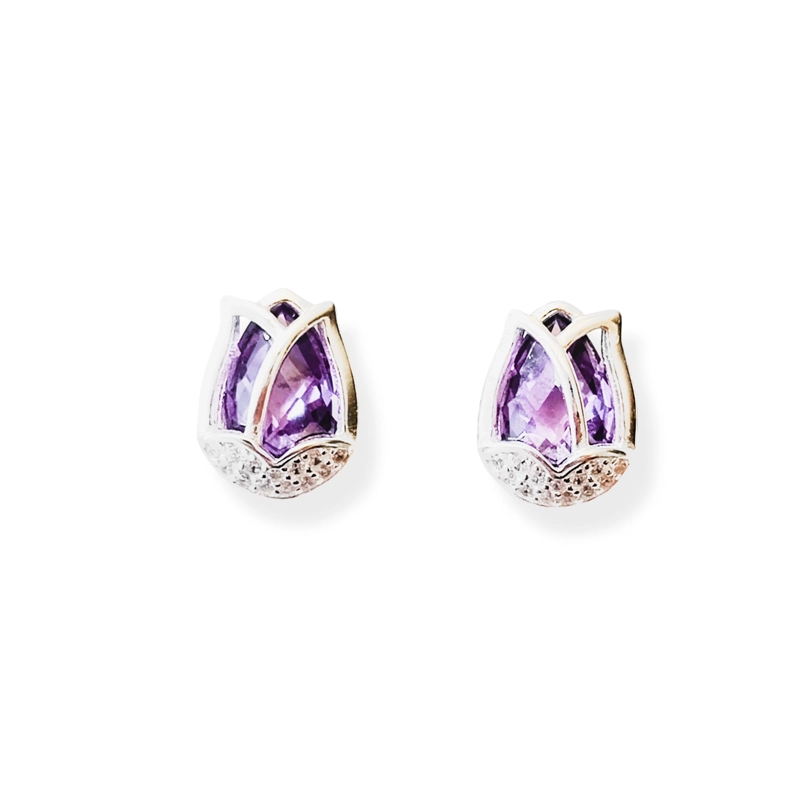 AROS TULIPAN CIRCON MORADO FACETADO PLATA FINA 925 - 1