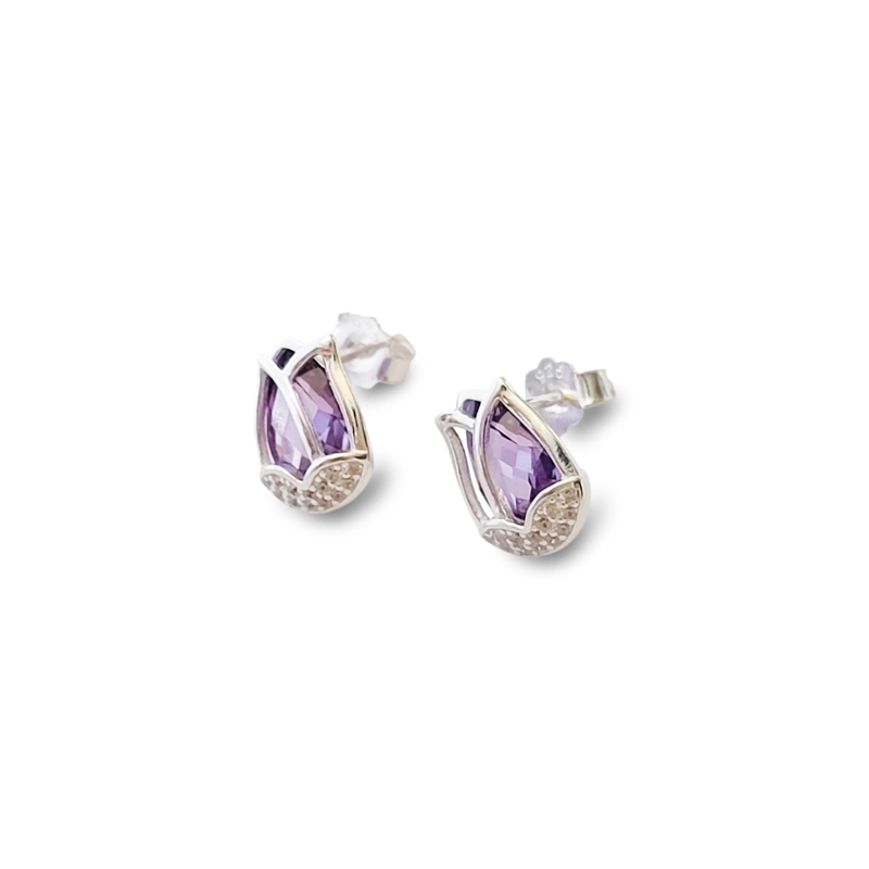 AROS TULIPAN CIRCON MORADO FACETADO PLATA FINA 925 - 2