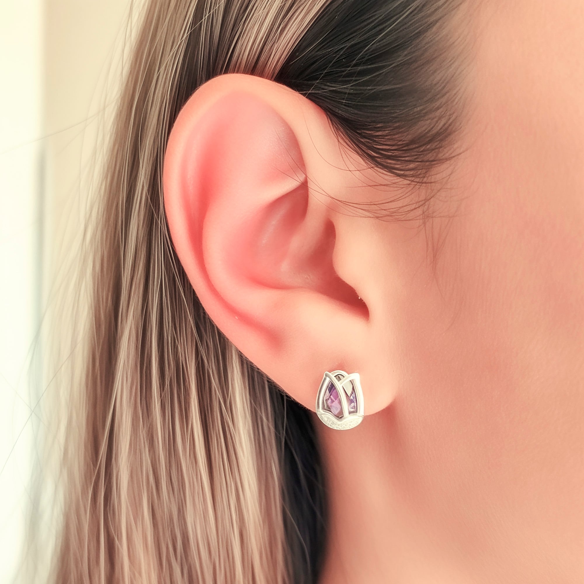 AROS TULIPAN CIRCON MORADO FACETADO PLATA FINA 925 - 3