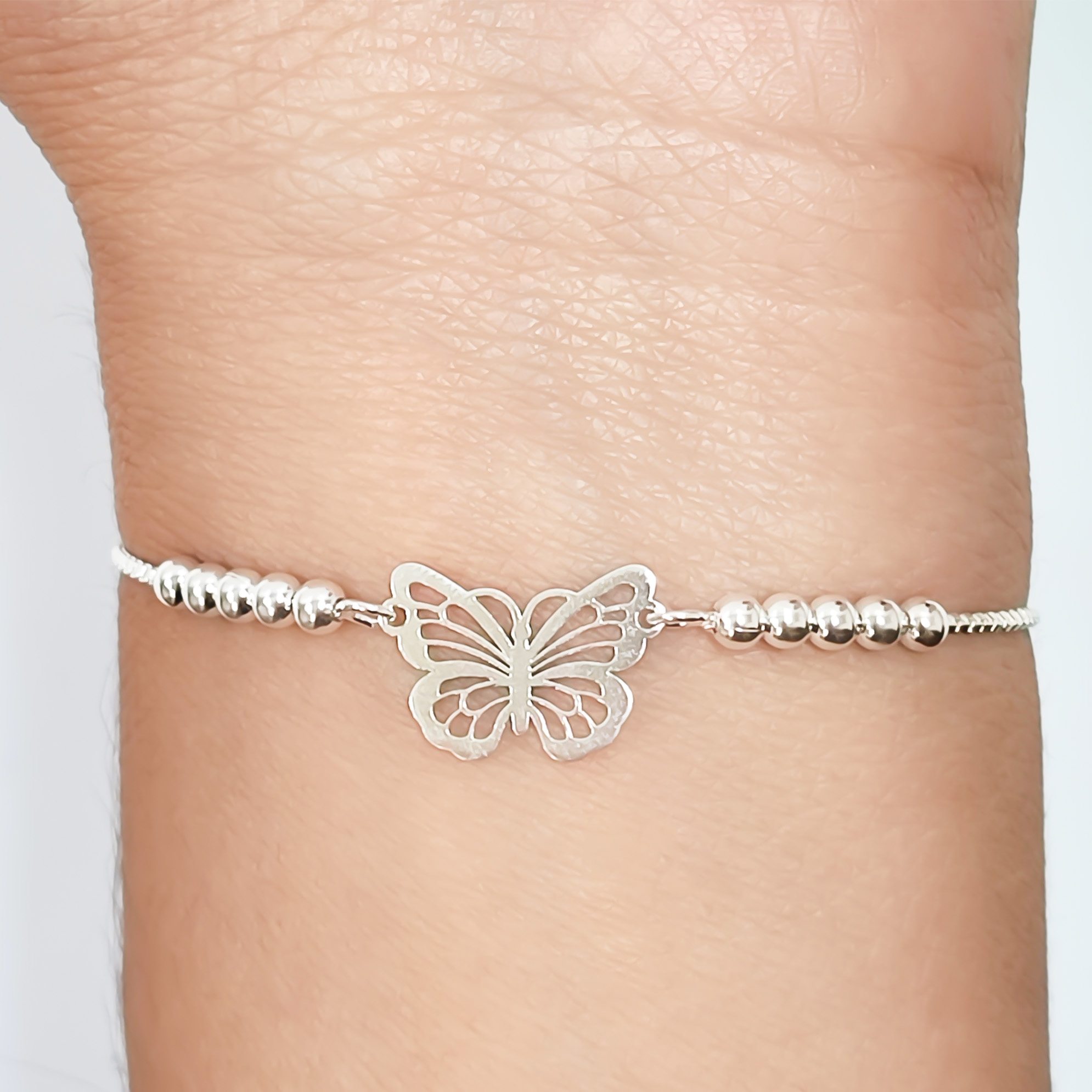 PULSERA MARIPOSA CALADA BOLITAS PLATA FINA 925 ADAPTABLE - 3