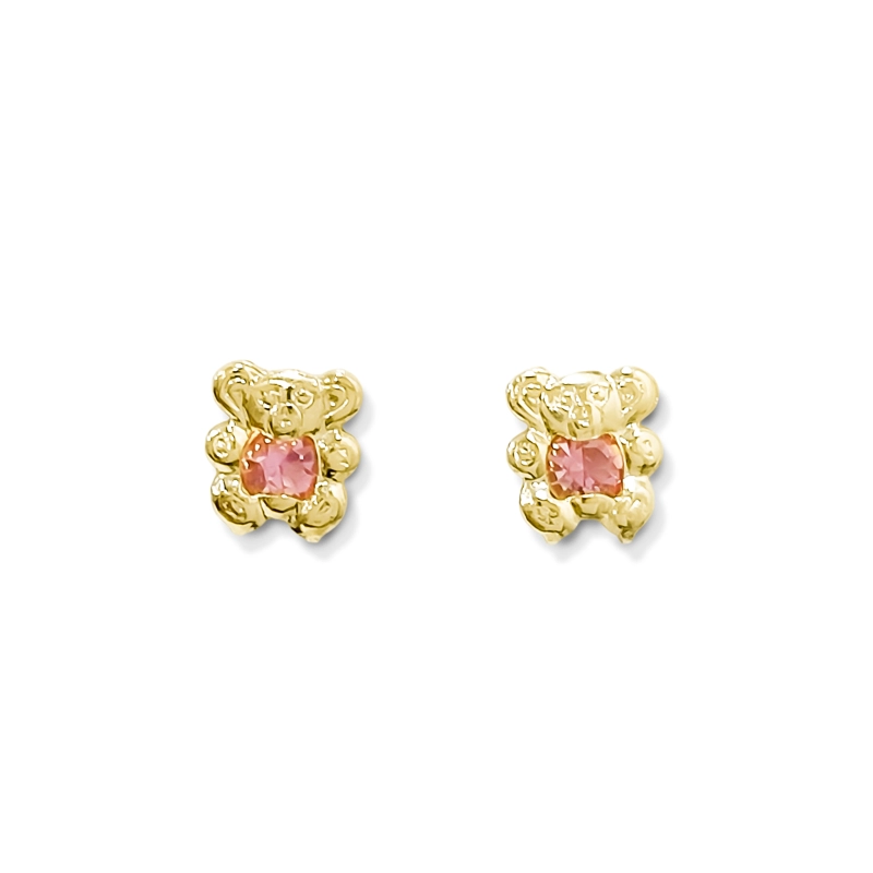 AROS BEBE  NIÑA OSO CIRCON ROSADO ENCHAPADO ORO 18K - 1