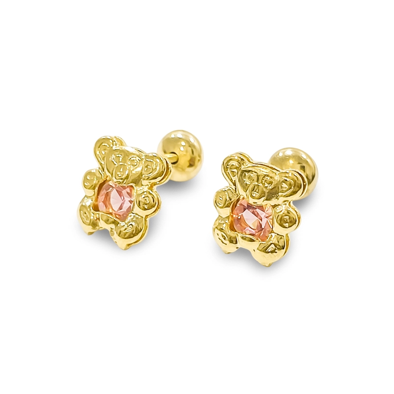 AROS BEBE  NIÑA OSO CIRCON ROSADO ENCHAPADO ORO 18K - 2