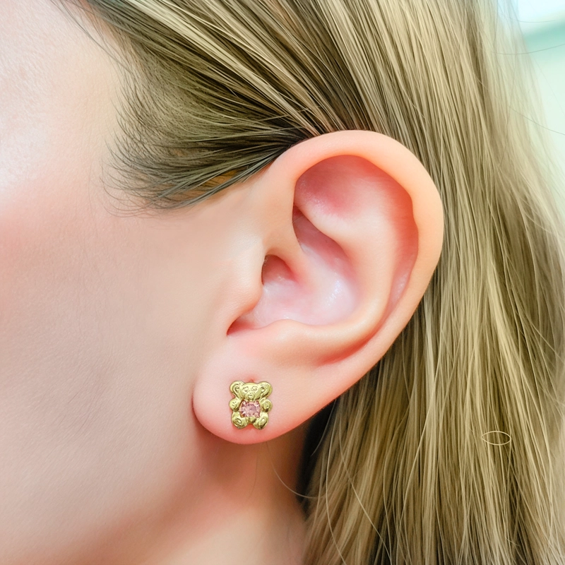 AROS BEBE  NIÑA OSO CIRCON ROSADO ENCHAPADO ORO 18K - 3